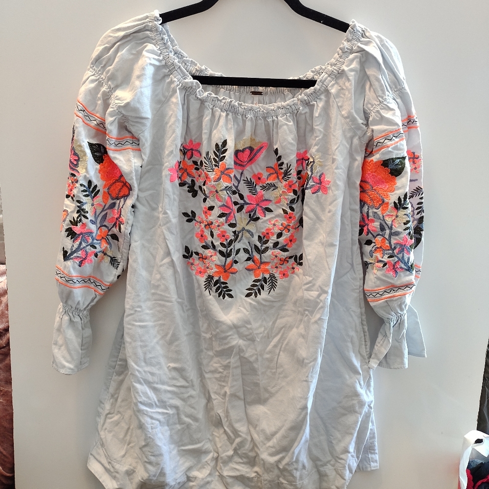 Womens Free people Fleur Du Jour Neon embroidered White Long Sleeve dress